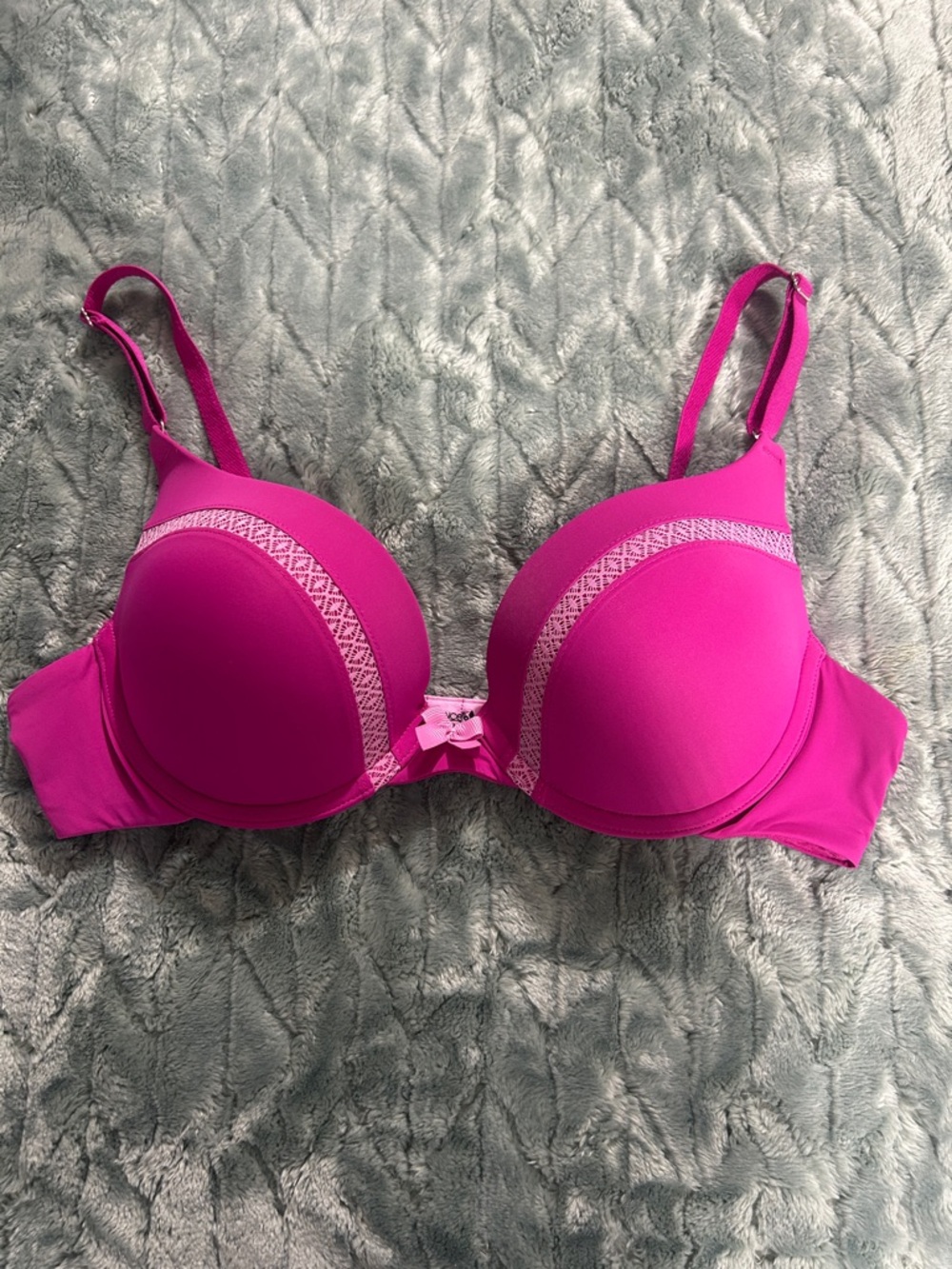 Lily of France Bright Magenta Push-Up Bra with Lace and Bow Accents
